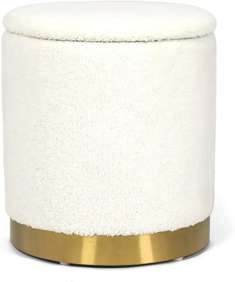 Boucle Round Ottoman with Storage,Vanity Stool with Storage for Bedroom, Ottoman Coffee Table,Small Boucle Foot Stool for Living Room, White with Gold Plating Base