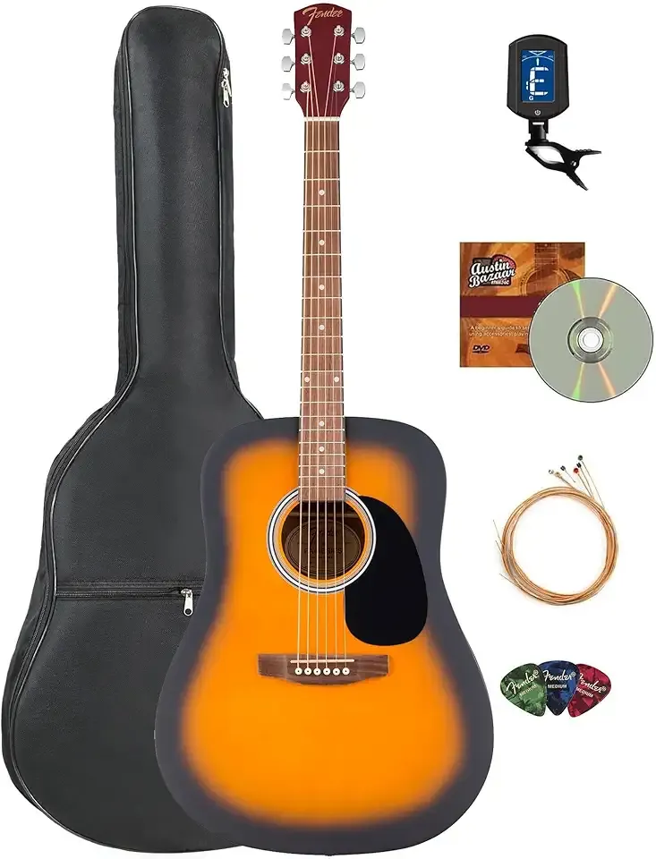 Fender Dreadnought Acoustic Guitar - Sunburst Bundle with Gig Bag, Tuner, Strings, Picks, and Austin Bazaar Instructional DVD