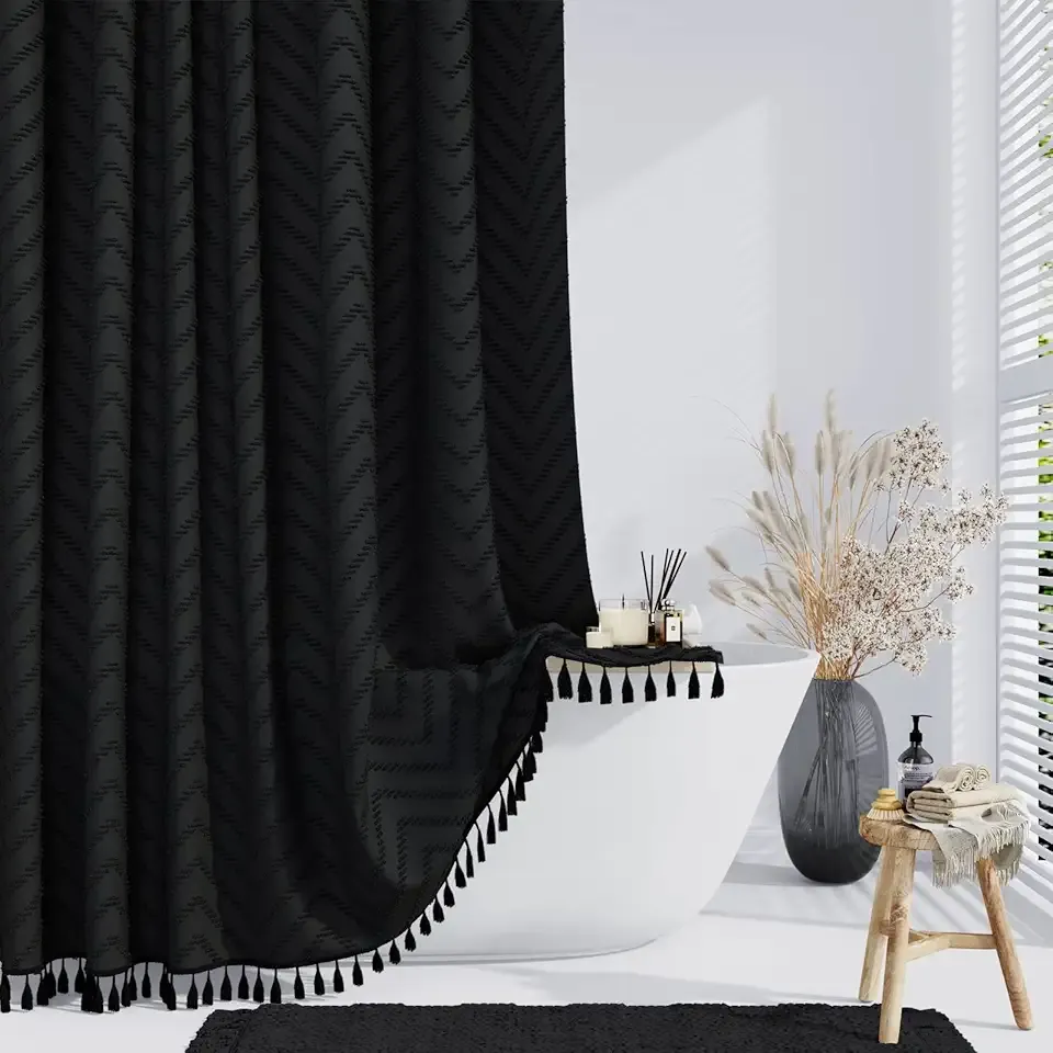 Dynamene Boho Farmhouse Shower Curtain, Black Fabric Tufted Chevron Striped Textured Tassel Shower Curtains for Bathroom, Water Repellent, Minimalist Ruffled Cloth Shower Curtain Set with Hook, 72x72