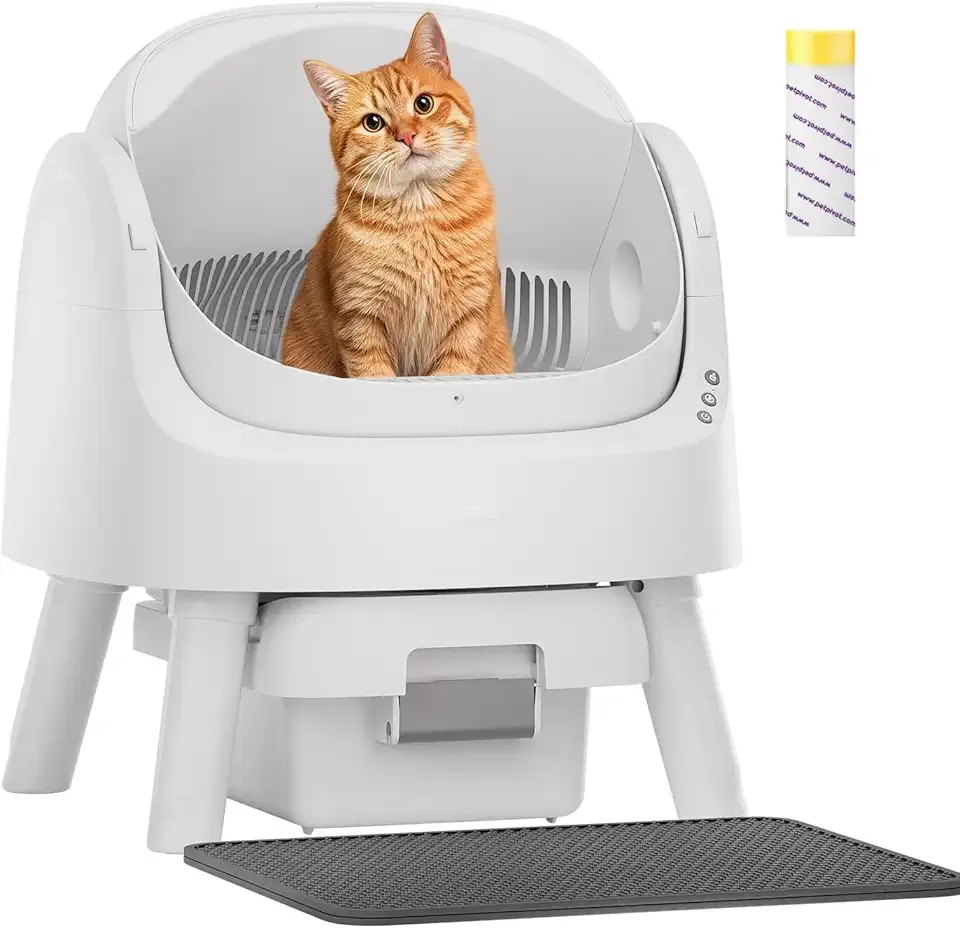 PetPivot Self Cleaning Litter Box, Open Top Automatic Litter Box for Multiple Cats, Multiple Layer Safety Protection, Liners and Mat Included, White