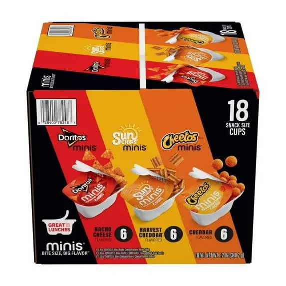 Frito-Lay Minis Doritos Cheetos and SunChips Snacks Variety Pack, Snack Size Cups, 18 Pack