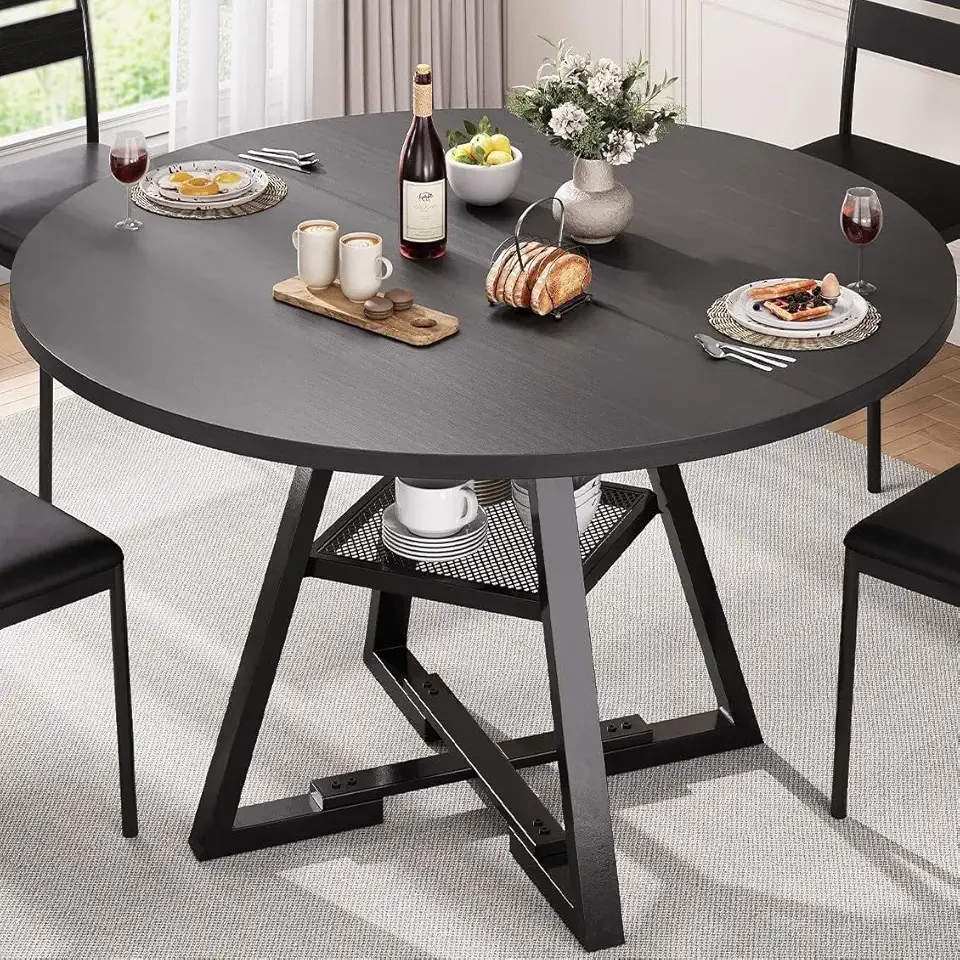 Round Dining Table for 4,Kitchen Dining Room Circle Dinner Pedestal Table,Space Saving Wood Kitchen & Dining Room Furniture (Black, 42In)