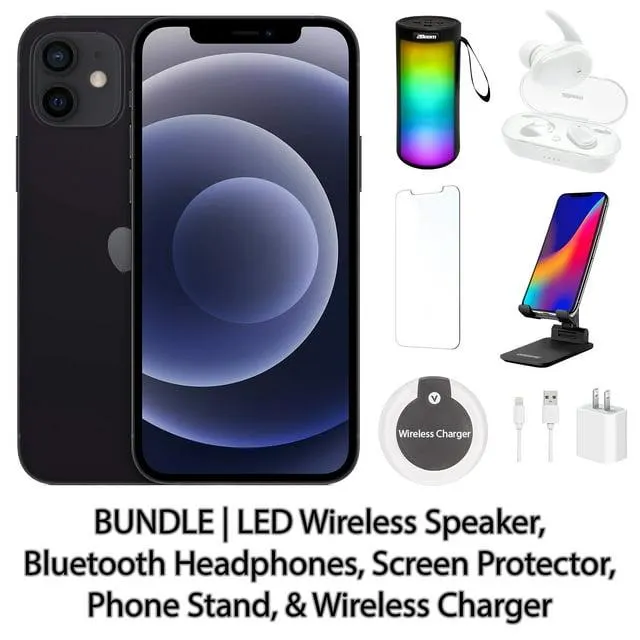 Restored Apple iPhone 12 128GB Black Fully Unlocked Bundle: LED Wireless Speaker, Bluetooth Headphones, Screen Protector, Wireless Charger, & Phone Stand (Refurbished)