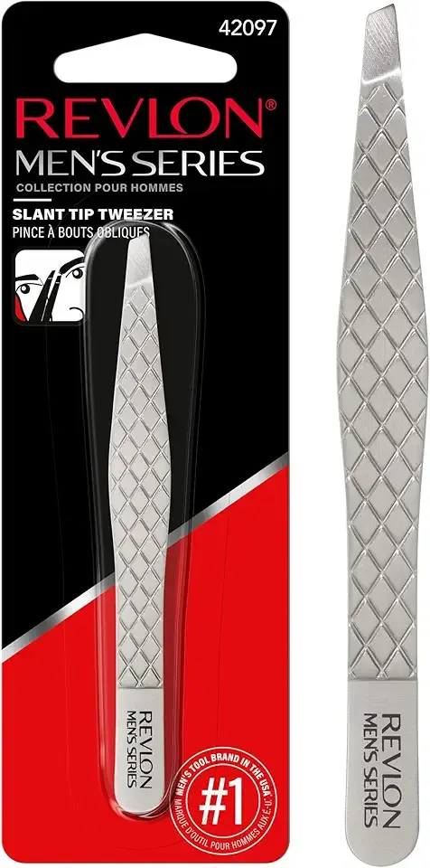 Revlon Slanted Tip Tweezers for Men, Ultra-Sharp for Precision Eyebrow Shaping and Facial Hair Removal, Larger Non-Slip Grip, Stainless Steel, 1 count