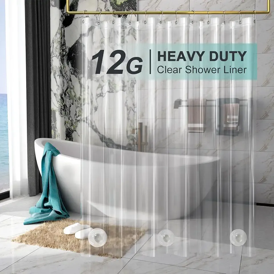 AmazerBath Heavy Duty Shower Curtain Liner 12 Gauge, 72 x 72 Inches Clear Shower Curtain Liner with 3 Clear Stones and 12 Grommet Holes, Weighted Plastic Shower Liner