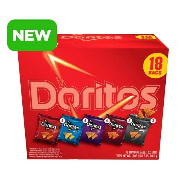 Doritos Tortilla Chips 5 Flavor Variety Pack Snack Chips, 1 oz Bags, 18 Count