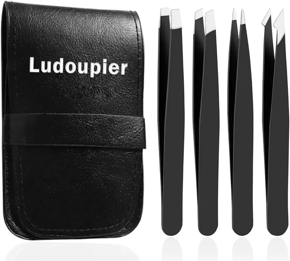 [4+1 Pieces] Tweezers Set with Travel Case, Great Precision Upgrade Professional Anti-rust Alloy Tweezers for Women & Men Multi-purpose as Eyebrows Facial Hair Ingrown Hair Removal