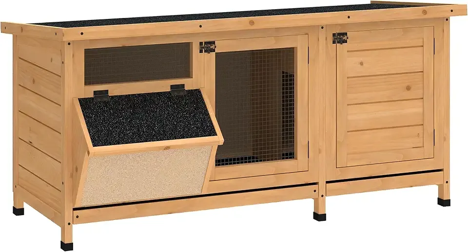PawHut Wooden Rabbit Hutch Bunny Hutch Cage Guinea Pig with Waterproof Roof, No Leak Tray and Feeding Trough, Indoor/Outdoor, Natural