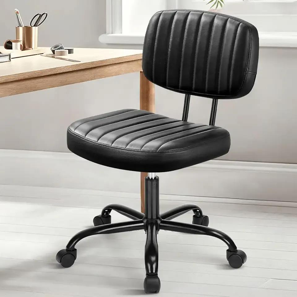 DUMOS Small Armless Home Desk Chair with Low Back Lumbar Support, Height Adjustable PU Leather Computer Task Chair with 360° Swivel Wheels, for Small Space, Kids and Adults, New Black