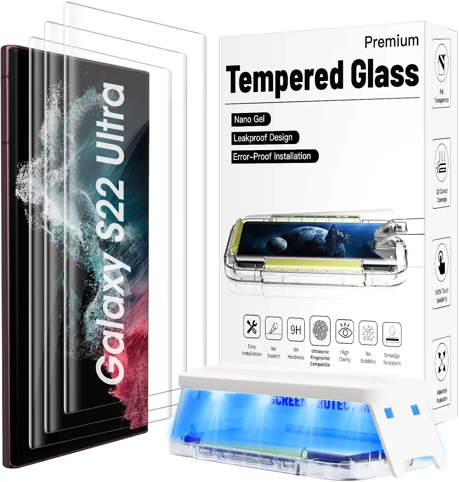 3 Pack【Auto Alignment】 3D Curved for S22 Ultra Screen Protector Samsung Galaxy 5g,Samsung Galaxy S22 Ultra Tempered Glass，Fully Compatible with UltraSonic Fingerprint Scanner and S Pen