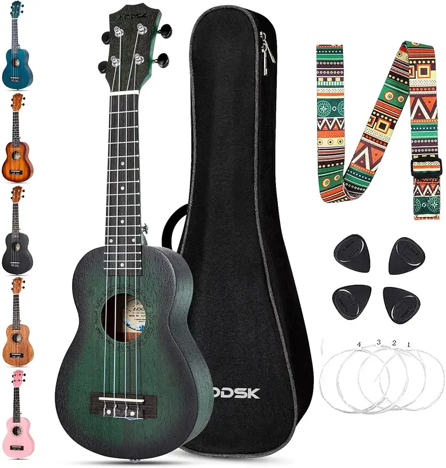 AODSK Soprano Green Ukulele for Beginner 21 Inch Ukelele with Gig Bag Strap Nylon String 4 Picks Holiday Gift