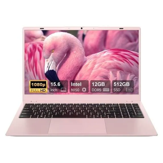RNRUO 15.6" Windonws 11 Laptop, 12GB DDR5 512G SSD, Up to 3.6GHz Intel N150 Quad-Core, Office 2024 Fingerprint Backlit KB WiFi 6 BT 5.2, 1080 FHD Display for Student, Business, Home Office, Pink