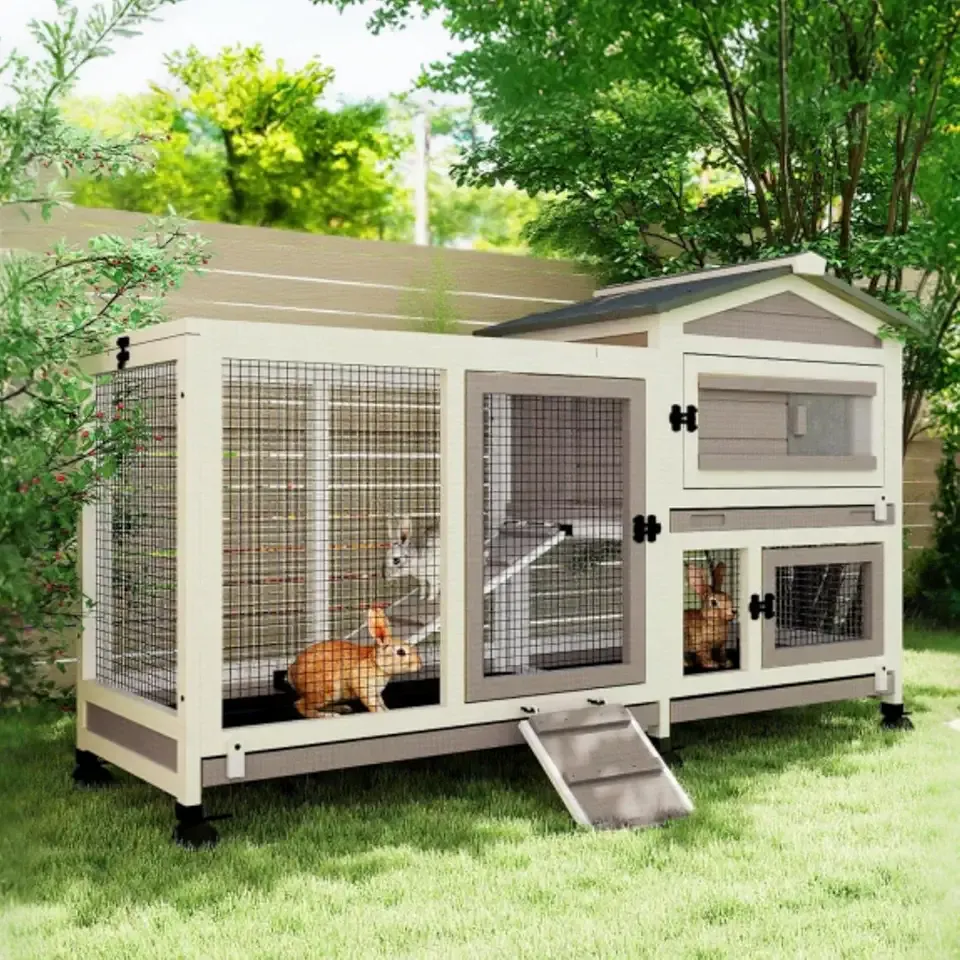2 Story Rabbit Hutch Outdoor Indoor, Wooden Bunny Cage with 6 Lockable Wheels, 3 Removable No Leakage Pull Out Trays, Chew-Proof Ramp & Waterproof Roof, Ideal for Rabbit & Guinea Pig