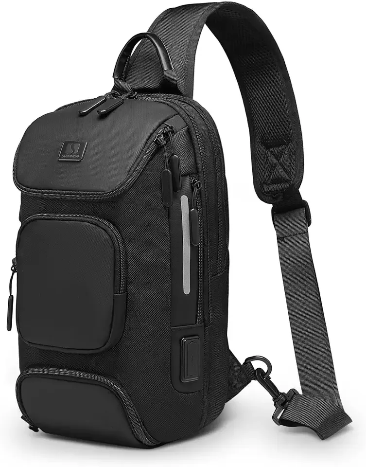 Sling Bag for Men, Anti Theft Mini Backpack with USB Charge Port, Lightweight Convertible Crossbody One Strap Casual Pack (Black)
