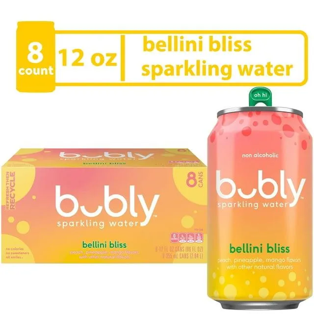 bubly Bellini Bliss Sparkling Water, 12 fl oz, 8 Pack Cans
