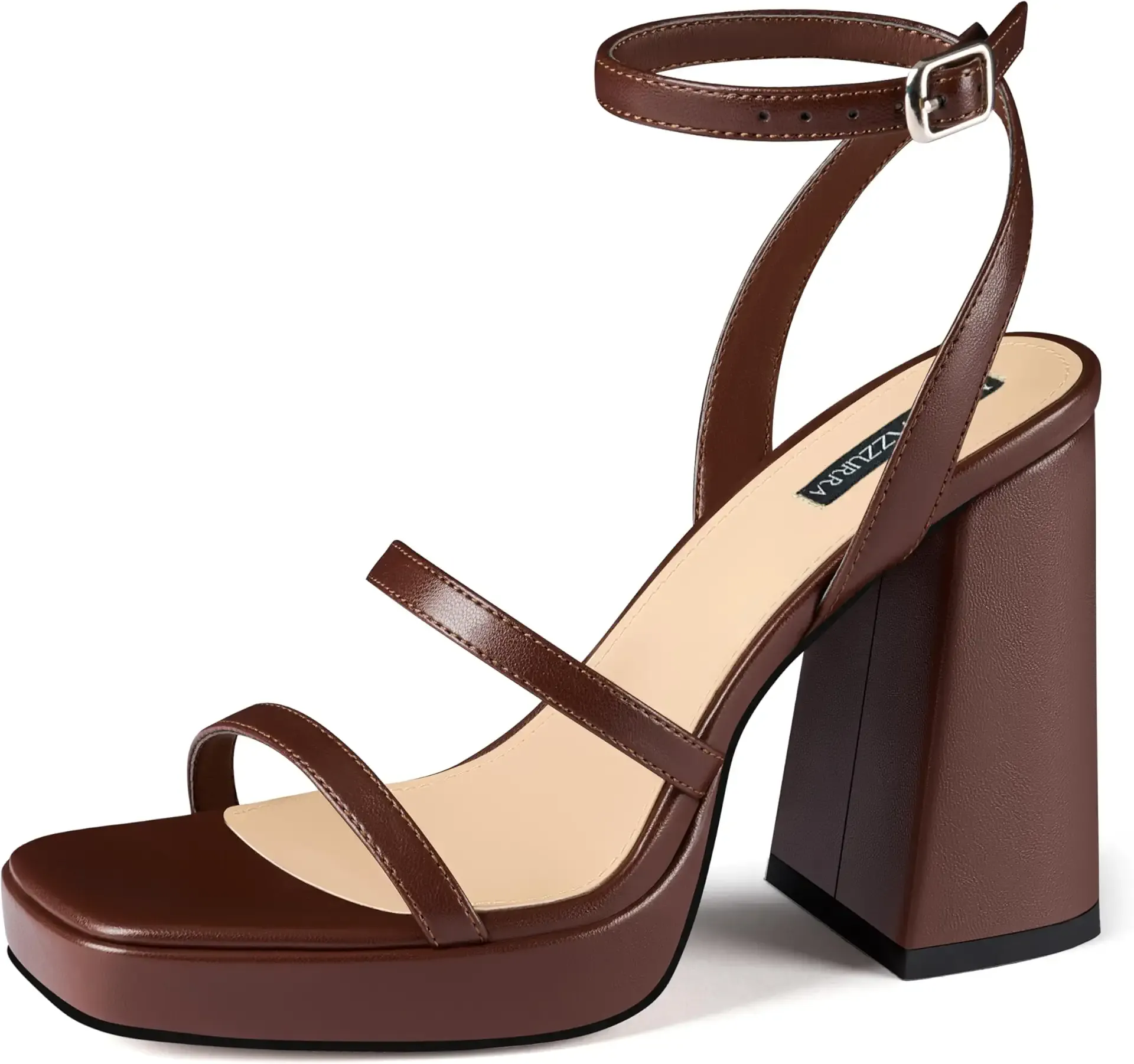 MIRAAZZURRA Platform Strappy Heel Sandals Square Open Toe Two Strap Chunky High Heeled Sandals with Buckle Ankle Strap for Women Party Wedding Dress