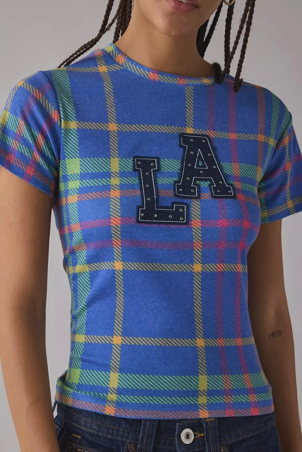 LA Applique Graphic Plaid Print Baby Tee