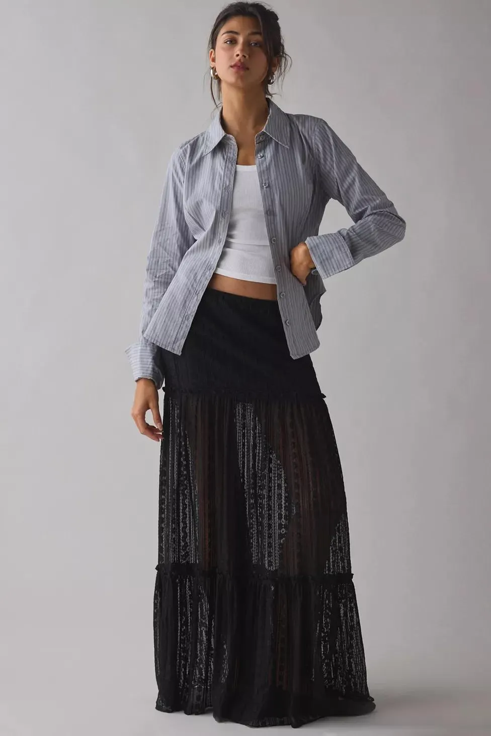 Kimchi Blue Gianna Yoked Semi-Sheer Lace Pleated Maxi Skirt