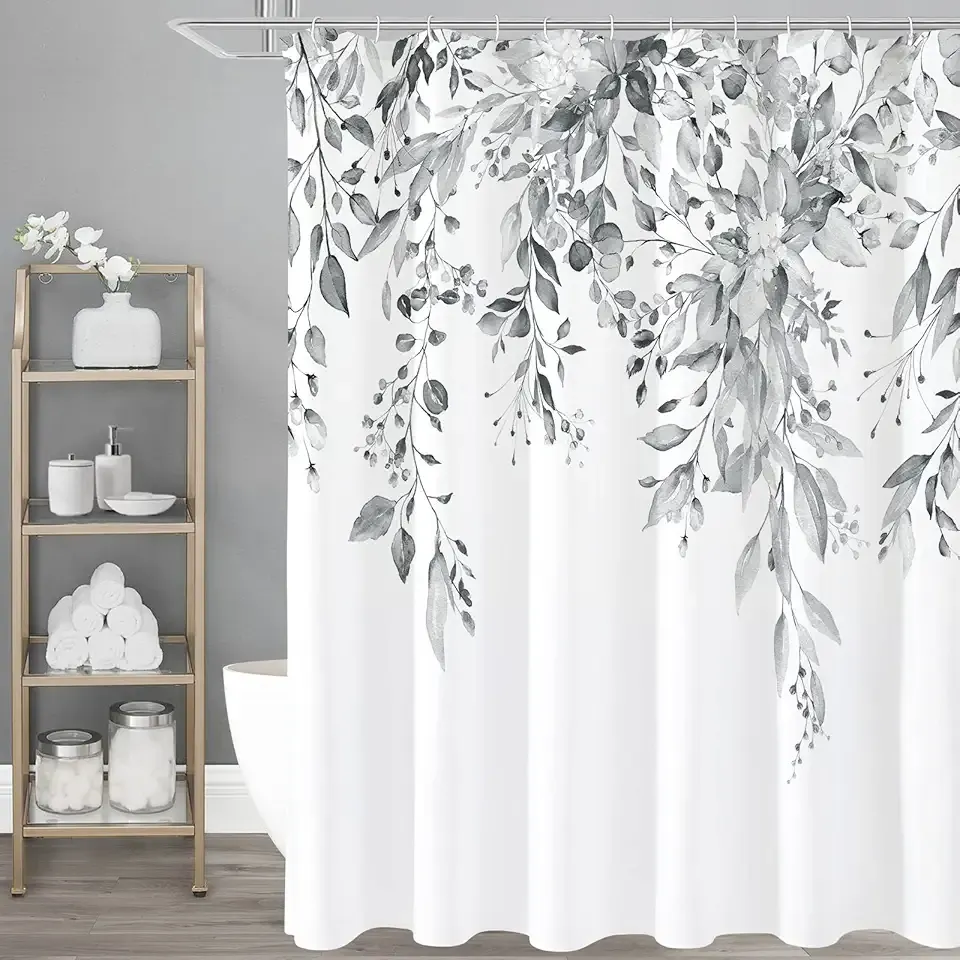 Gibelle Grey Eucalyptus Shower Curtain, Watercolor Plant Leaves with Floral Bathroom Shower Curtain Set, Gray White, 72x72