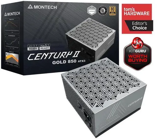 MONTECH CENTURY II - 850W High-End ATX Gaming Power Supply - 80 Plus Gold & Cybenetics Platinum - Fully Modular - ATX 3.1 & PCIe 5.1 Ready with 12V-2x6 Cable - 10 Years Warranty