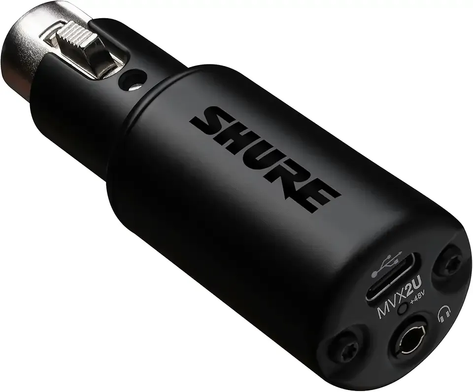 Shure MVX2U XLR-to-USB Interface with Headphone Jack, 60dB Gain, Zero-Latency Monitoring, 48V Phantom Power, ShurePlus App, USB-C Cable
