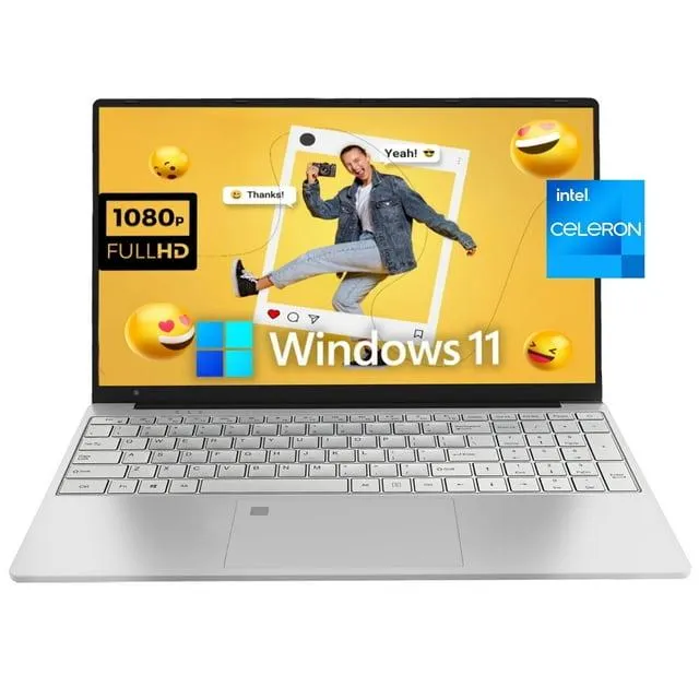 15.6" Full HD Windows 11 Pro Laptop for Office & Study, 16GB RAM 512GB SSD, Intel Celeron N5095, FingerPrint, Backlit Keyboard,Wi-Fi, HDMI, Silver