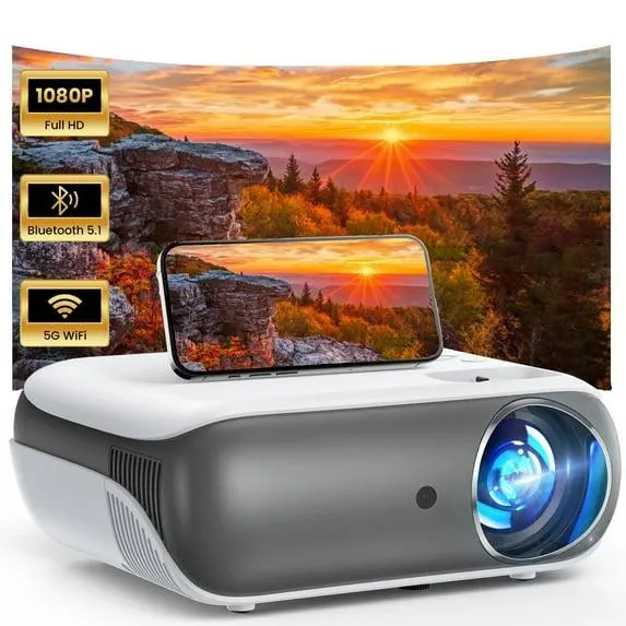 Groview Mini Projector with WiFi and Bluetooth, Native 1080P Support 4K, LED Display,100" Screen Included