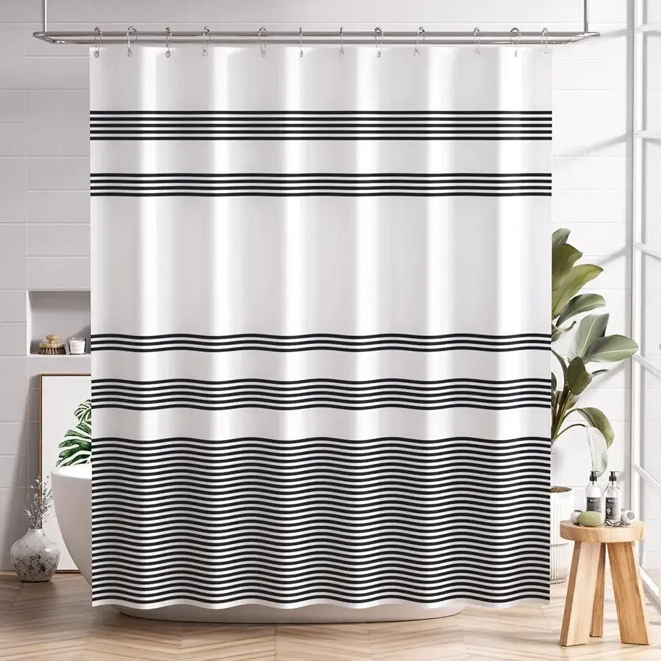 AmazerBath Shower Curtain, Washable Cloth Black Shower Curtain Sets with 12 Shower Curtain Hooks, Fabric Rustic Black and White Striped Curtain, Farmhouse Bathroom Curtains, 72x72 Inches