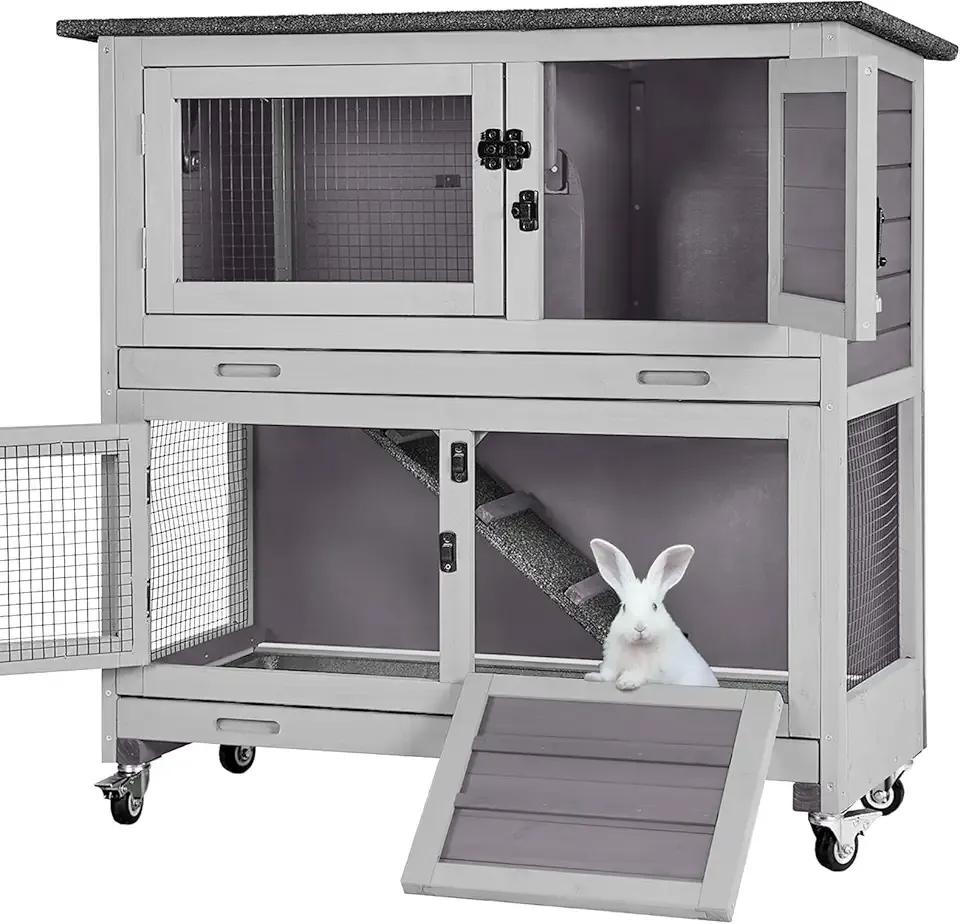 Rabbit Hutch Indoor Outdoor, Bunny Cage with Casters, Guinea Pig Cage Bunny Hutch with Two Plastic Trays 36inch