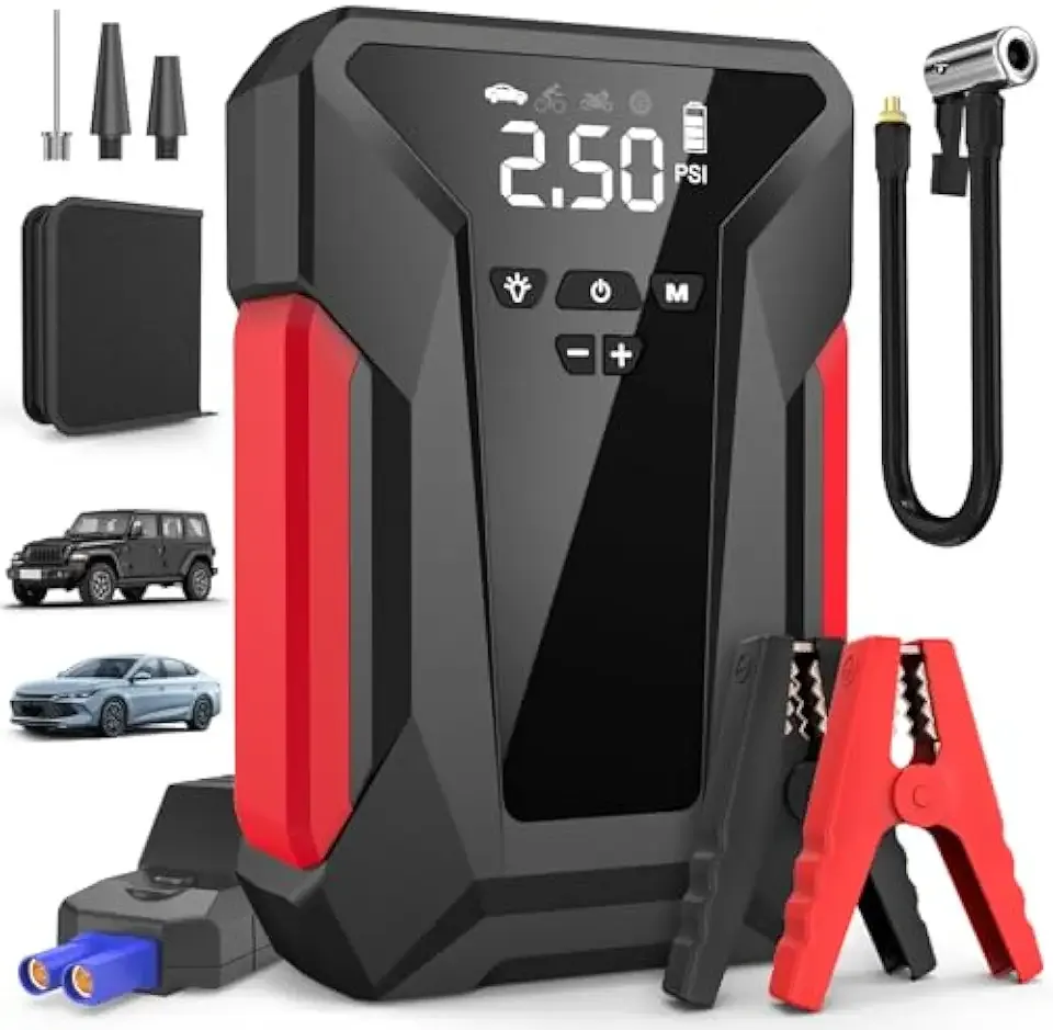 Jump Starter with Air Compressor,4000A Portable Car Battery Jump Starter (10L Gas/8.5L Diesel), 12V Battery Charger Booster,150PSI Auto-Shutoff Tire Inflator,Portable Jumper Cables, LED Light (Black)