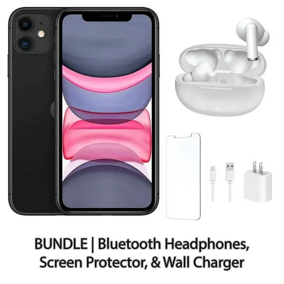 Restored Apple iPhone 11 64GB Black Fully Unlocked Bundle: Bluetooth Headphones, Screen Protector, & Wall Charger (Refurbished)