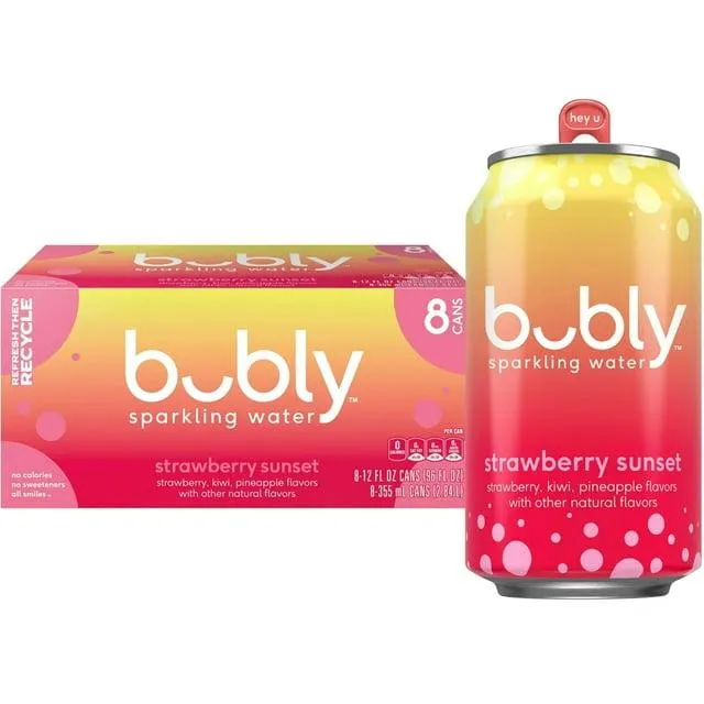 bubly Strawberry Sunset Sparkling Water, 12 fl oz, 8 Pack Cans