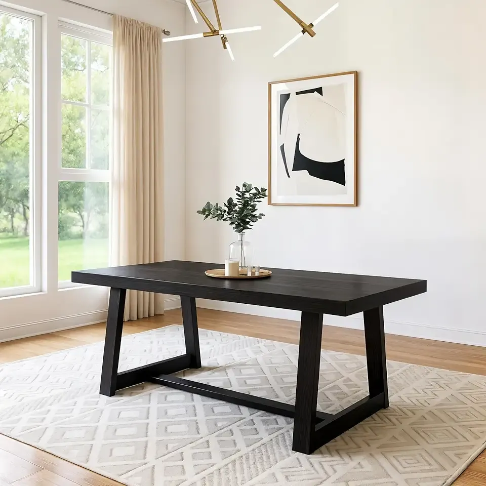 Plank+Beam 72 Inch Farmhouse Dining Table, Solid Wood Rustic Kitchen Table, Large Wooden Rectangular Dinner Table for Dining Room, Home Office, Living Room Furniture, Easy Assembly, Black Wirebrush