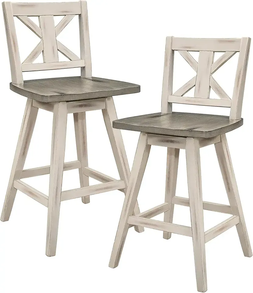 Homelegance Counter Height Stools Set of 2-Solid Wood Frame 360° Swivel Wooden Stools, Foot Rest, X Back, Wide Seat, Distressed Farmhouse Easy to Clean Finish, 24" SH, Antique White/Grey