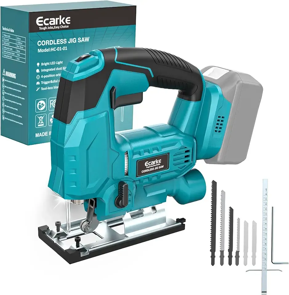 Cordless Jig Saw Compatible With Makita 18V Battery (Only Tool), 4 Orbital Sets, 6 Variable Speeds Control, Dust-Blowing, ±45° Bevel Cuts, LED Light and 6PCS Blades For Cutting