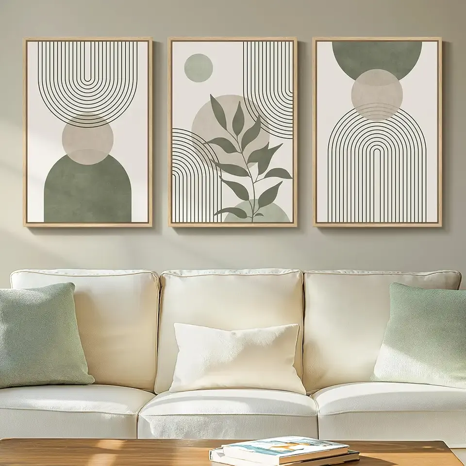 Framed Sage Green Boho Wall Art for Living Room, 3 Piece Minimalist Beige and Green Bohemian Artwork for Walls, Large Geometric Leaf Line Boho Paintings Prints for Bedroom Hallway Wall Decor, 16x24 In