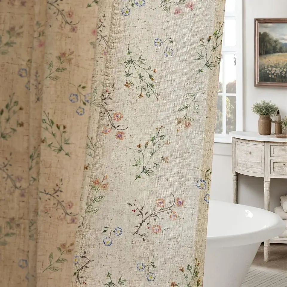 Floral Farmhouse Vintage Linen Shower Curtain, French Country Spring Shower Curtains for Bathroom, 72Wx72H