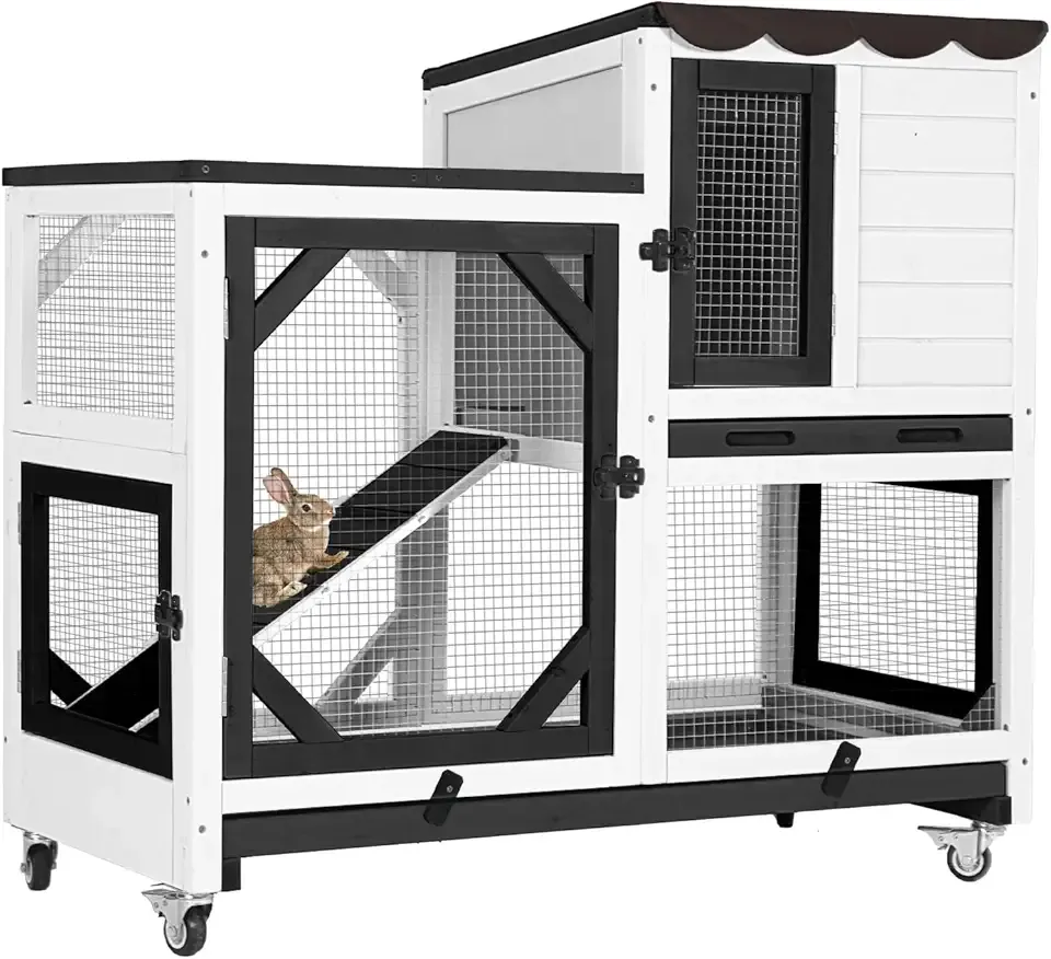 GUTINNEEN Rabbit Hutch Indoor Rabbit Cage with Wheels Outdoor Bunny House 2 Story Guinea Pig Cage with Leakproof Tarp Roof (White)