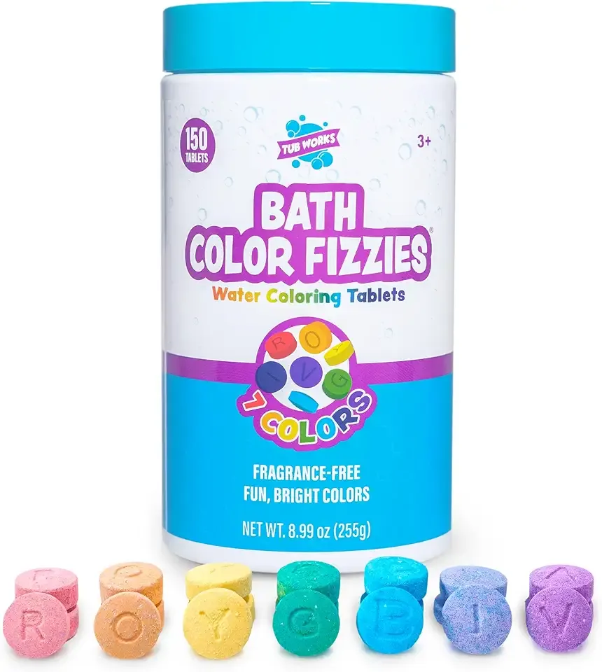 Tub Works® Bath Color Fizzies, 150 Count | Nontoxic & Fragrance-Free | Fizzy, Bath Color Tablets for Kids | Create Colorful Water | Water Tablets in 7 Colors for Variety | Bath Bombs for Kids Bathtub