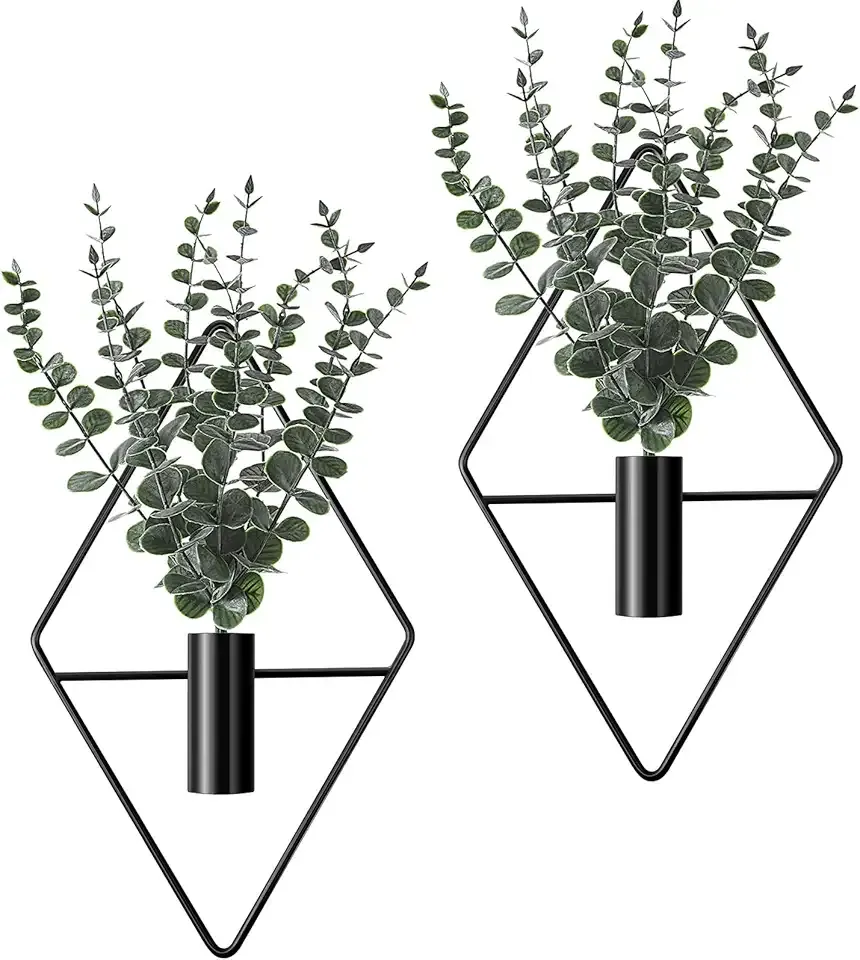 Jexine 4 Pcs Hanging Planters with Artificial Eucalyptus Metal Hanging Vase Indoor Plants Holder Modern Geometric Boho Bathroom Wall Decor for Living Room Home Office(Black)