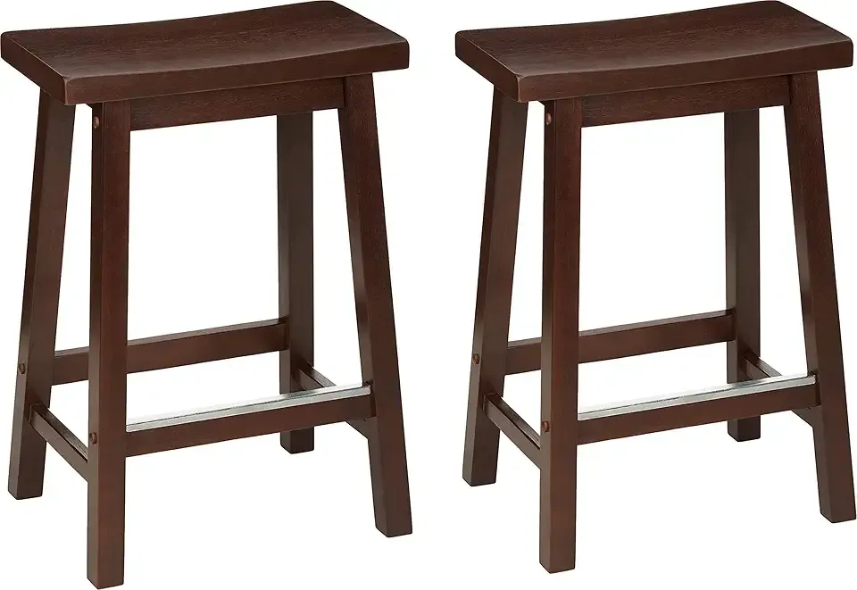 Amazon Basics Solid Wood Saddle-Seat Kitchen Counter Barstool with Footrest, Easy Assembly - 24-Inch Height - Walnut - Set of 2
