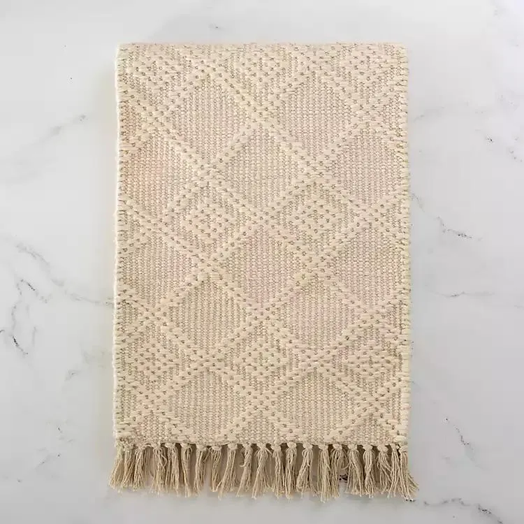 Ivory Woven Lattice Tasseled Table Runner
