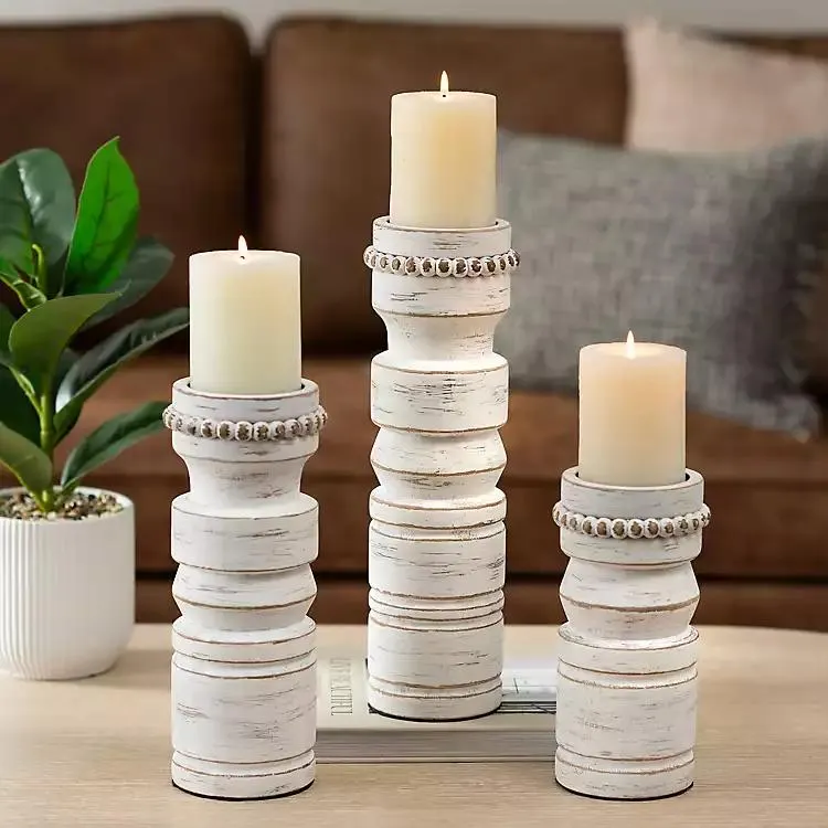 White Beaded Wood Pillar Candle Holder, 11 in.