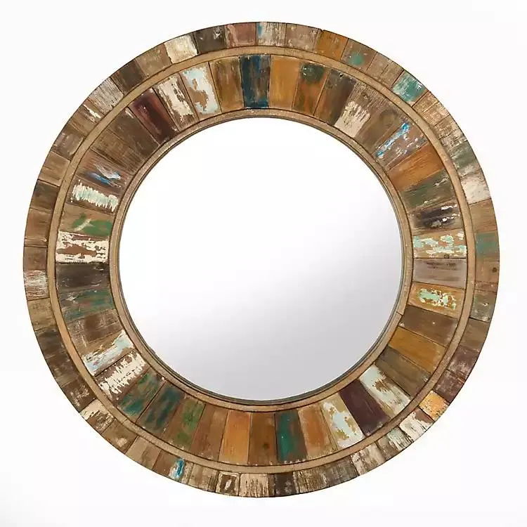 Round Multicolor Distressed Wood Wall Mirror