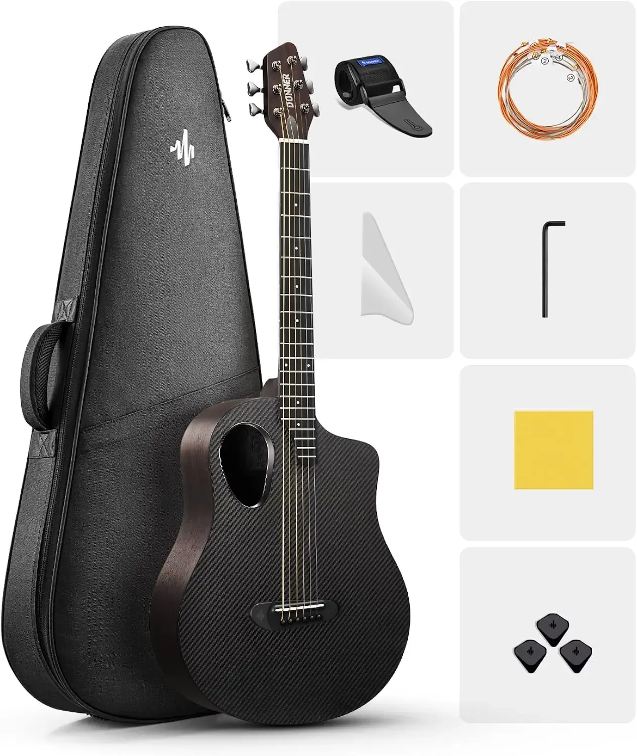Donner Acoustic Guitar Kits for Beginners, Intermediate Learners & Adults - 38" Steel-String Guitars with Carbon Fiber Top, Wooden Bowl, Includes Free Lessons, Case, Strap (Satin, Black)