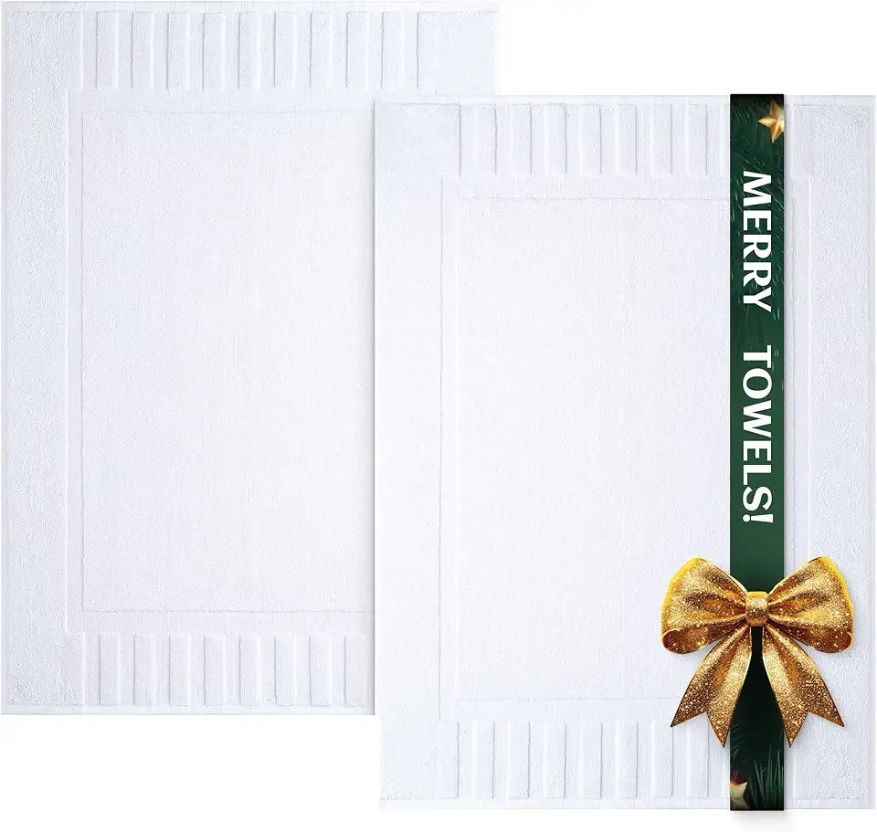 White Classic Luxury Bath Mat Floor Towel Set - Absorbent Cotton Hotel Spa Shower/Bathtub Mats [Not a Bathroom Rug] 22"x34" | 2 Pack | White