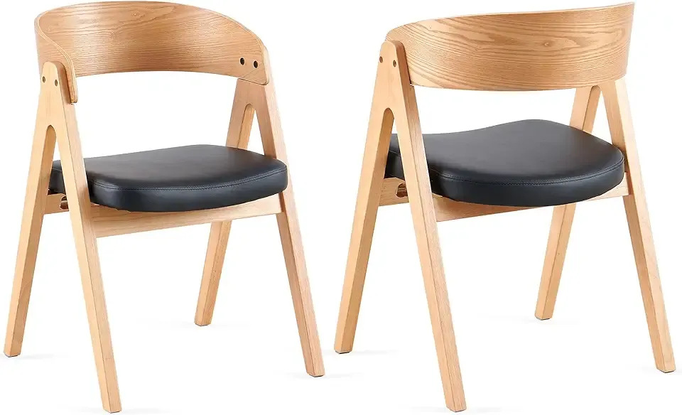 Solid Wood Dining Chairs Set of 2, Kitchen Chairs with Wide Curved Backrest, Upholstered PU Leather Dining Room Chairs for Dining Room (2 Chairs Oak Color)