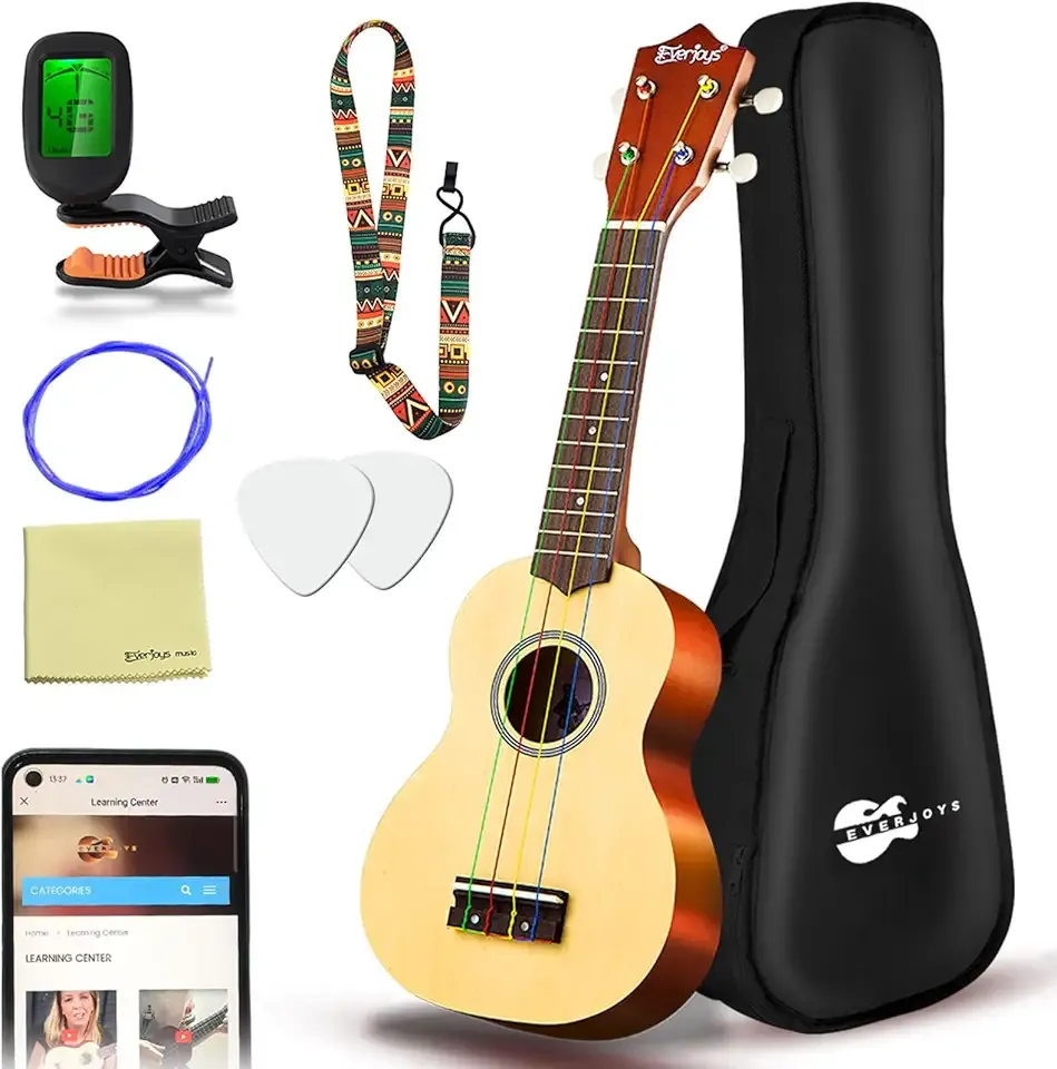 Everjoys Soprano Ukulele Beginner Pack-21 Inch w/Rainbow String Free Online Lesson Gig Bag Digital Tuner Pick All in One Kit