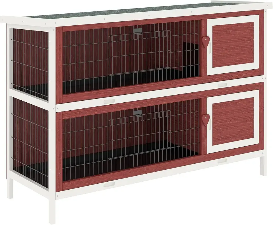 PawHut 54" 2-Story Rabbit Hutch Bunny Cage with Openable Roof, No Leak Tray and Fun Enclosed Run, for Rabbits, Chickens, Ducks, Indoor/Outdoor