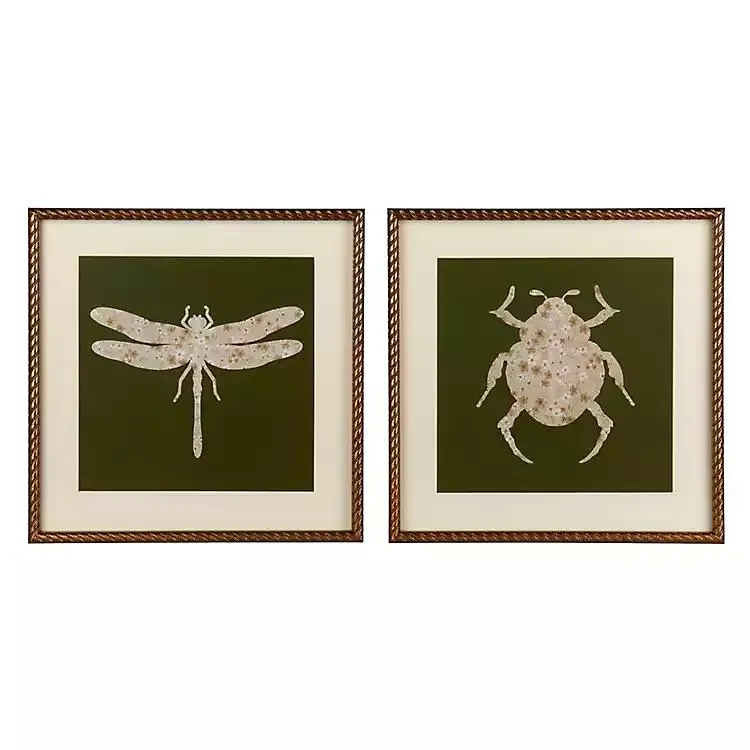 Green Floral Insects Framed Art Prints, Set of 2